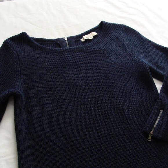 ANN TAYLOR LOFT Navy Blue 3/4 Sleeve ZIP Detail WOOL Blend SWEATER DRESS Sz S - Picture 2 of 9